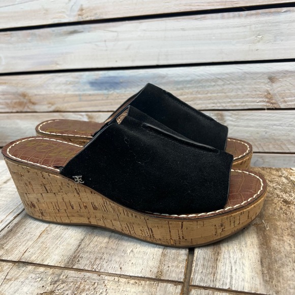 Sam Edelman Ranger Cork Wedge Slide Black Suede Platform Sandals 7.5 - Picture 1 of 8